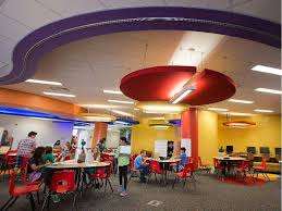 a learning commons in Ottawa with tables, colourful ceiling and students working